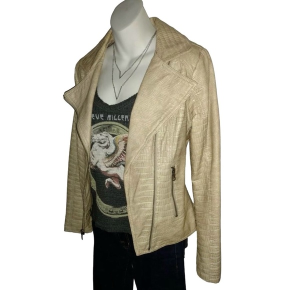 Guess Jacket Motorcycle Moto Embossed Animal Print Faux Leather Tan alt Grunge S - Picture 6 of 13